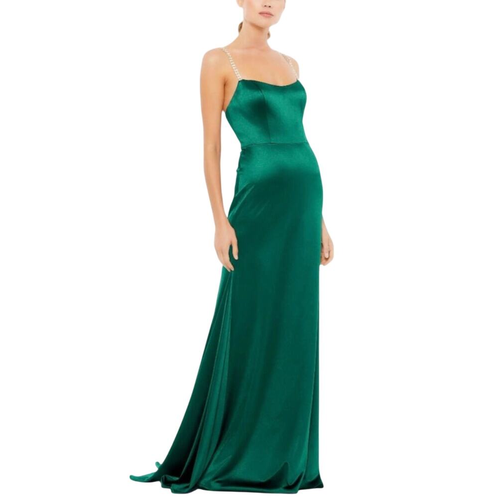 Mac Duggal 12428 Green Evening Gown Satin Beaded Strap Long Mermaid Dress Size 6